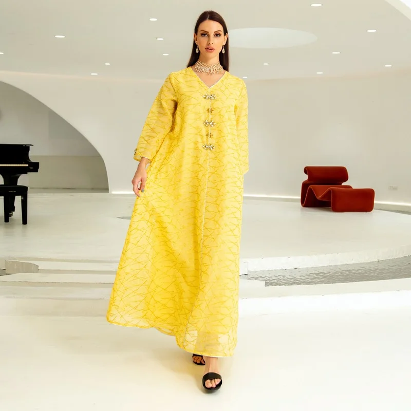Muslim Fashion Middle East Clothing Mesh Breathable Four Seasons Abaya Handmade Beaded Dress Kaftan Femme Musulman Dubai Abaya