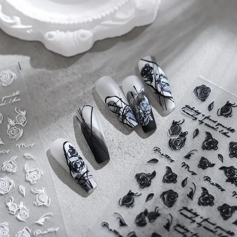 

1 Sheet 5D Realistic Relief Romantic Misty Black White Rose Flowers Adhesive Nail Art Stickers Decals Manicure Charms Suppliers