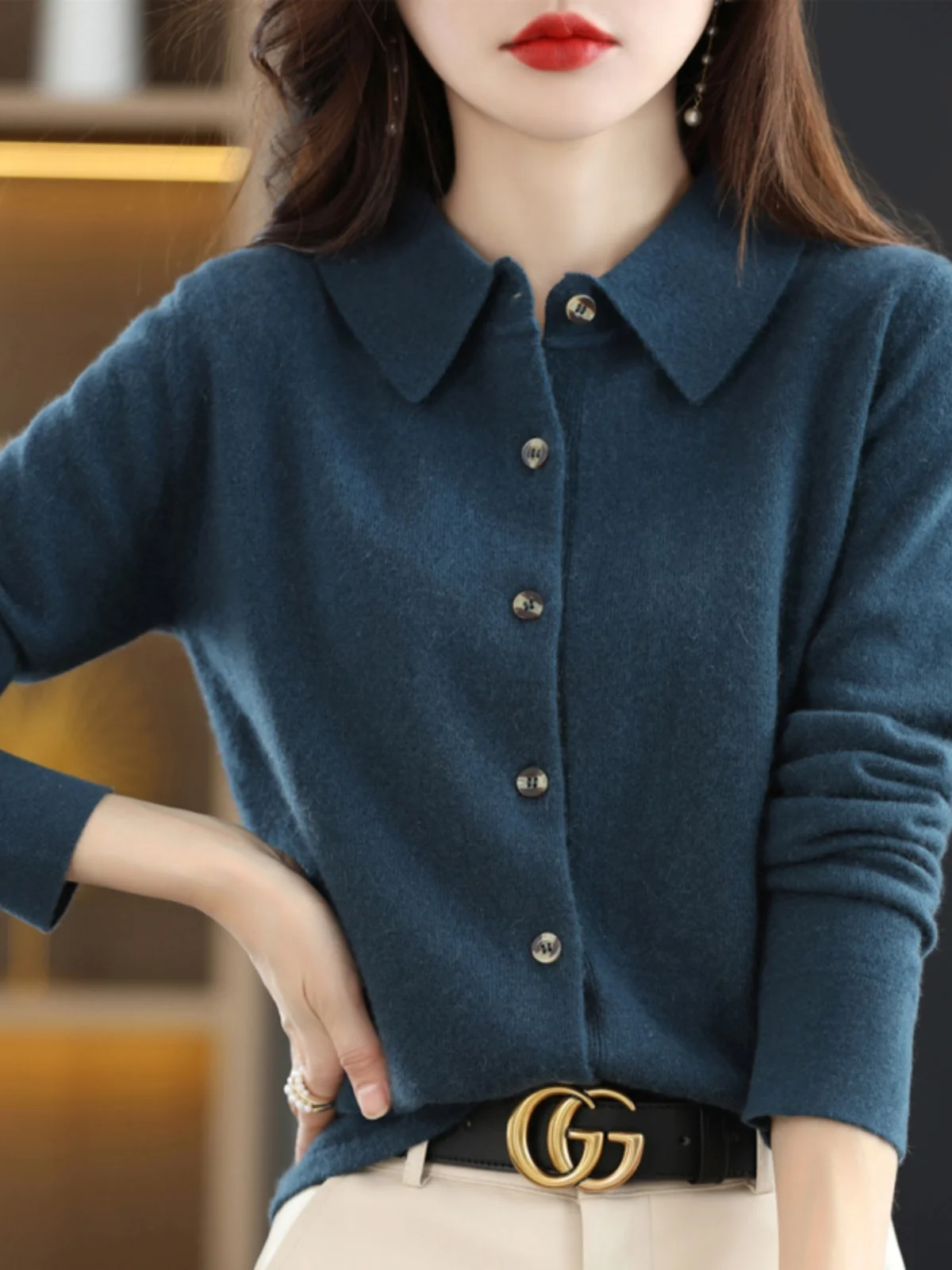 Spring Type 00 Cashmere Sweater Women Cardigan Blouse Collar Exquisite Polo Long sleeve Fleece Base Knit