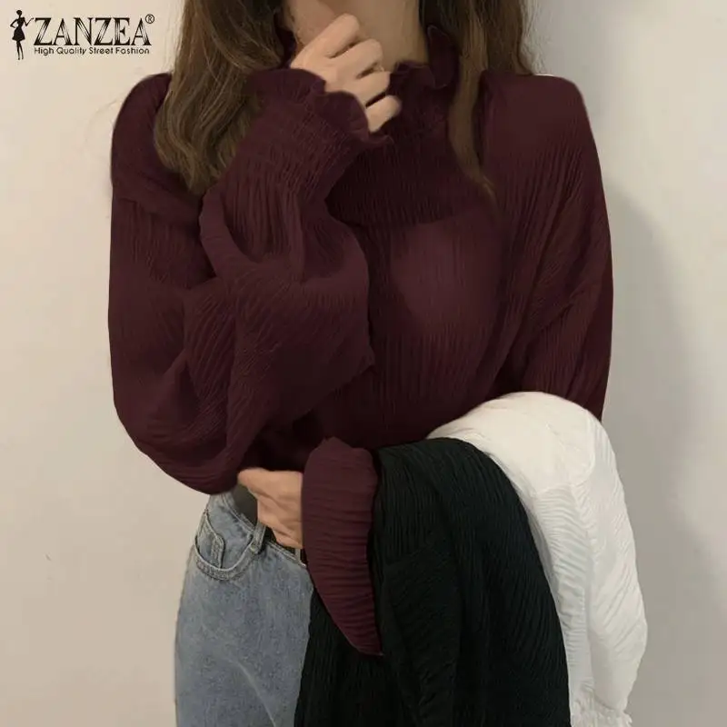 

Stylish Oversized Tops ZANZEA Women's Vintage Casual Puff Sleeve Turtleneck Blouse Solid Smocking Office Shirt Holiday Elegant