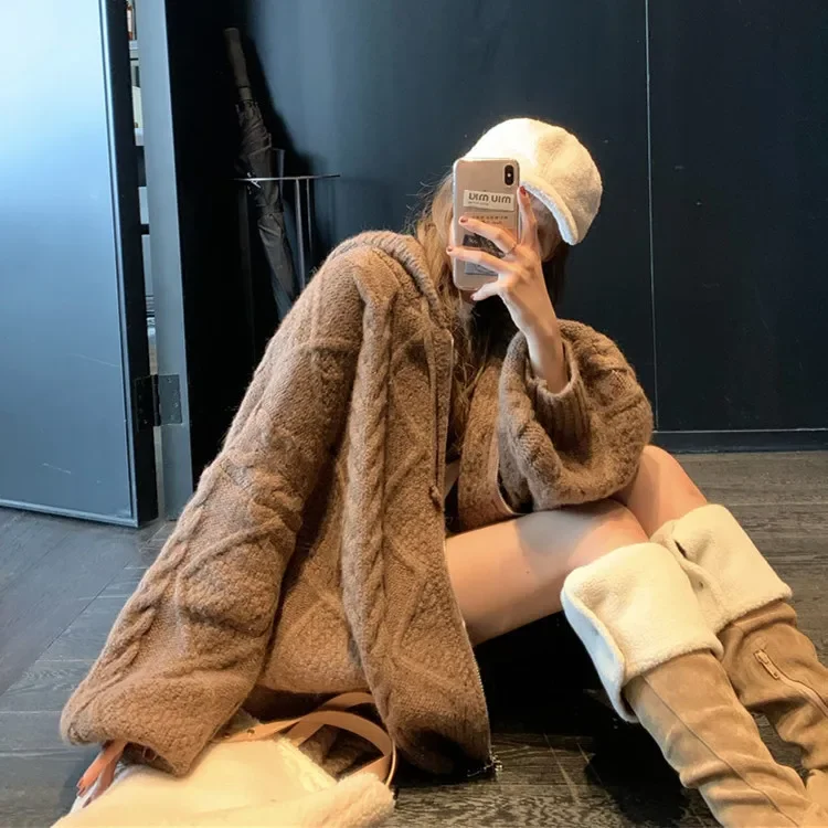 

Knitted Cardigan Sweater Women Vintage Loose Zipper Hooded Solid Color Thicken Knit Overcoat Autumn Winter Long Sleeve Tops