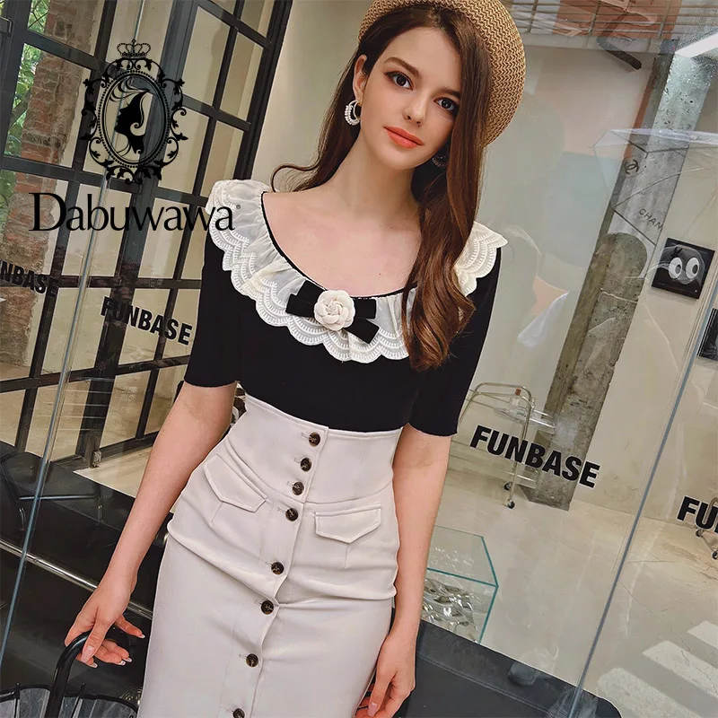 

Dabuwawa Elegant Lace Stitching Women T-shirt Summer Causal Solid Short Sleeve Tees Fashion Office Lady Tops DF1BJS017