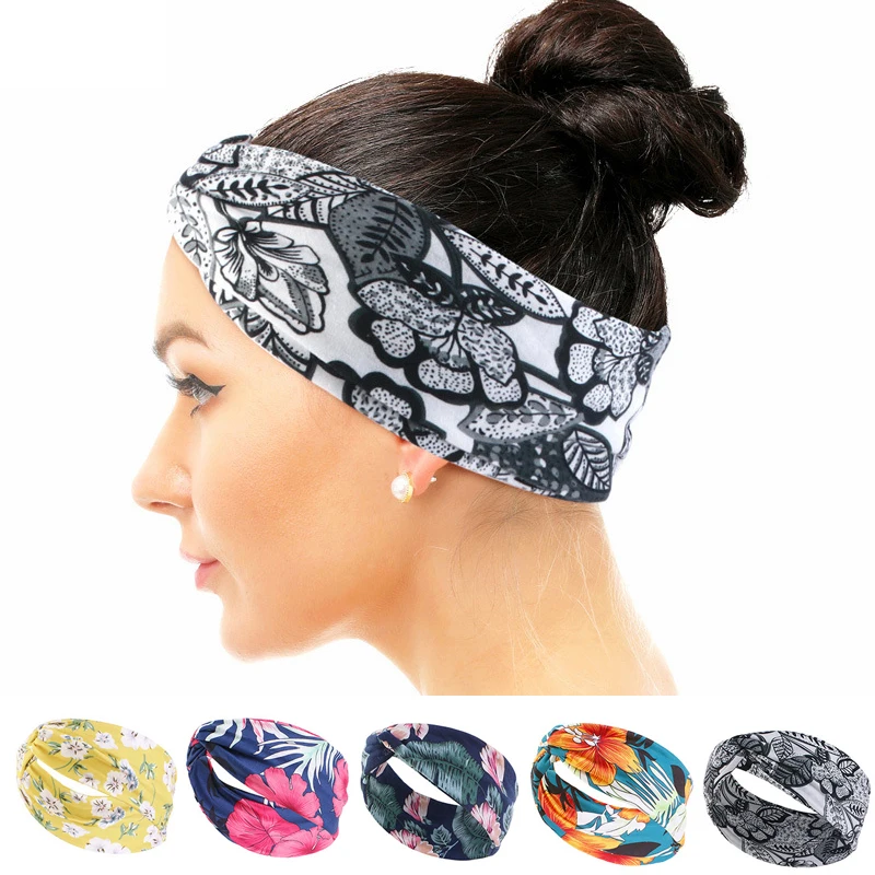 

Женская широкая эластичная повязка для волос с перехлёстом, эластичная повязка на голову с пасторальным принтом, повязка на голову, повязка...
