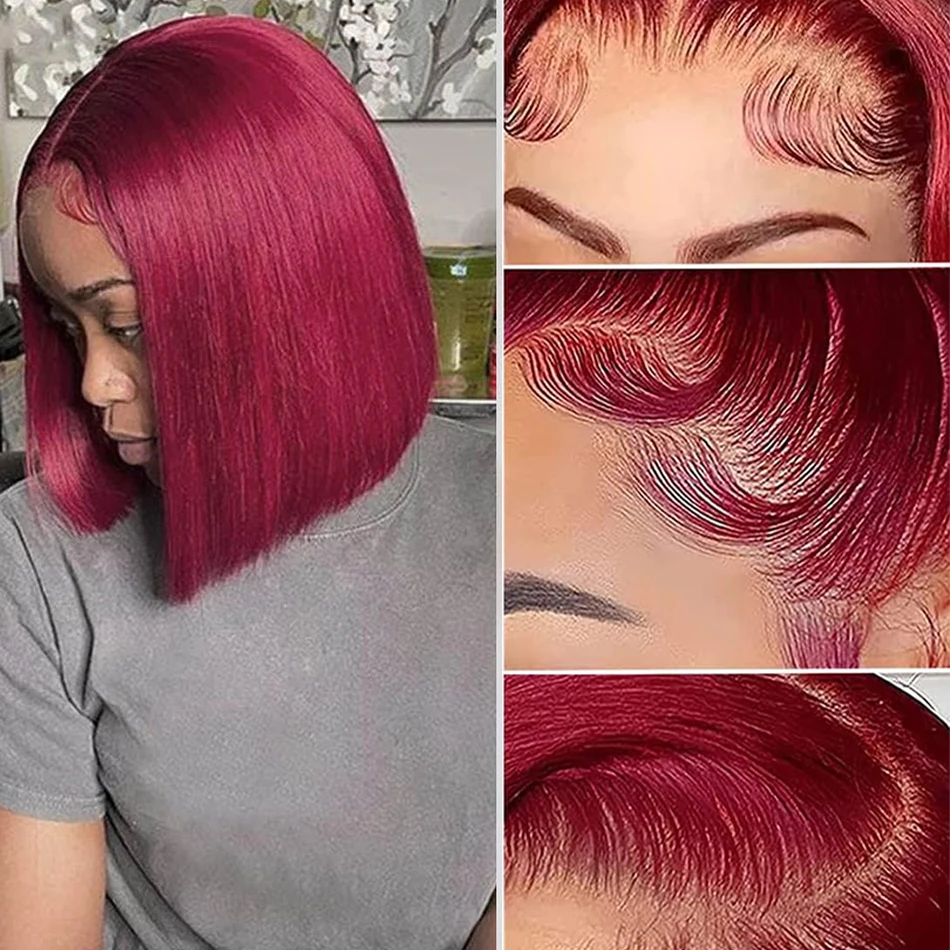 GURENYUN 99J Бордовый Боб Парик Шнурка Бразильские Волосы Реми 180% Плотность Среднего