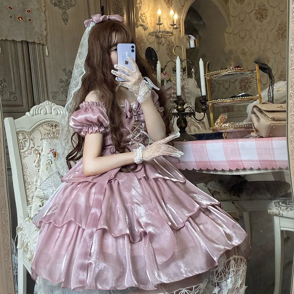 

Palace Princess Tea Party Sweet Lolita Dress Soft Girl Falbala High Waist Victorian Dress Kawaii Girl Gothic Lolita Op Loli Cos