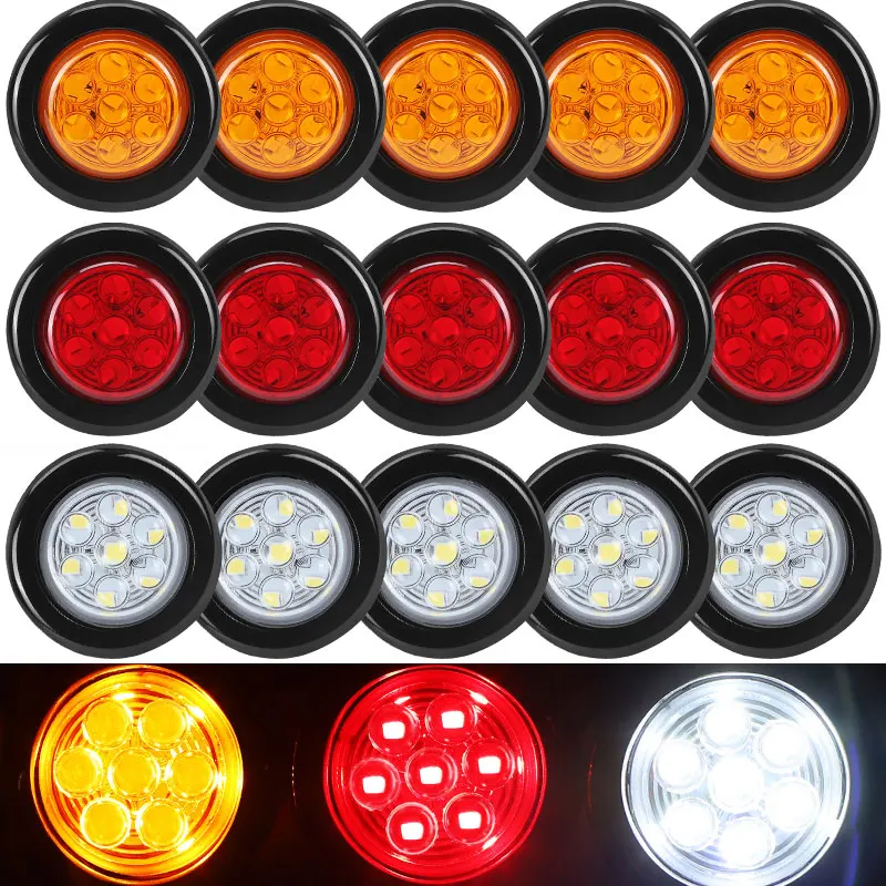 30pcs 7 LED Side Marker Lights Flush Mount Round Tail Brake Light  Rubber Ring Turn Signal Lamp For Truck Trailer Tractor RV 12V