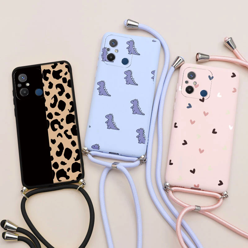 

For Xiaomi Redmi 12C Case Flower Love Heart Silicone Soft TPU Cover For Redmi 12 C Redmi12C Necklace Lanyard Cord Fundas 6.71''