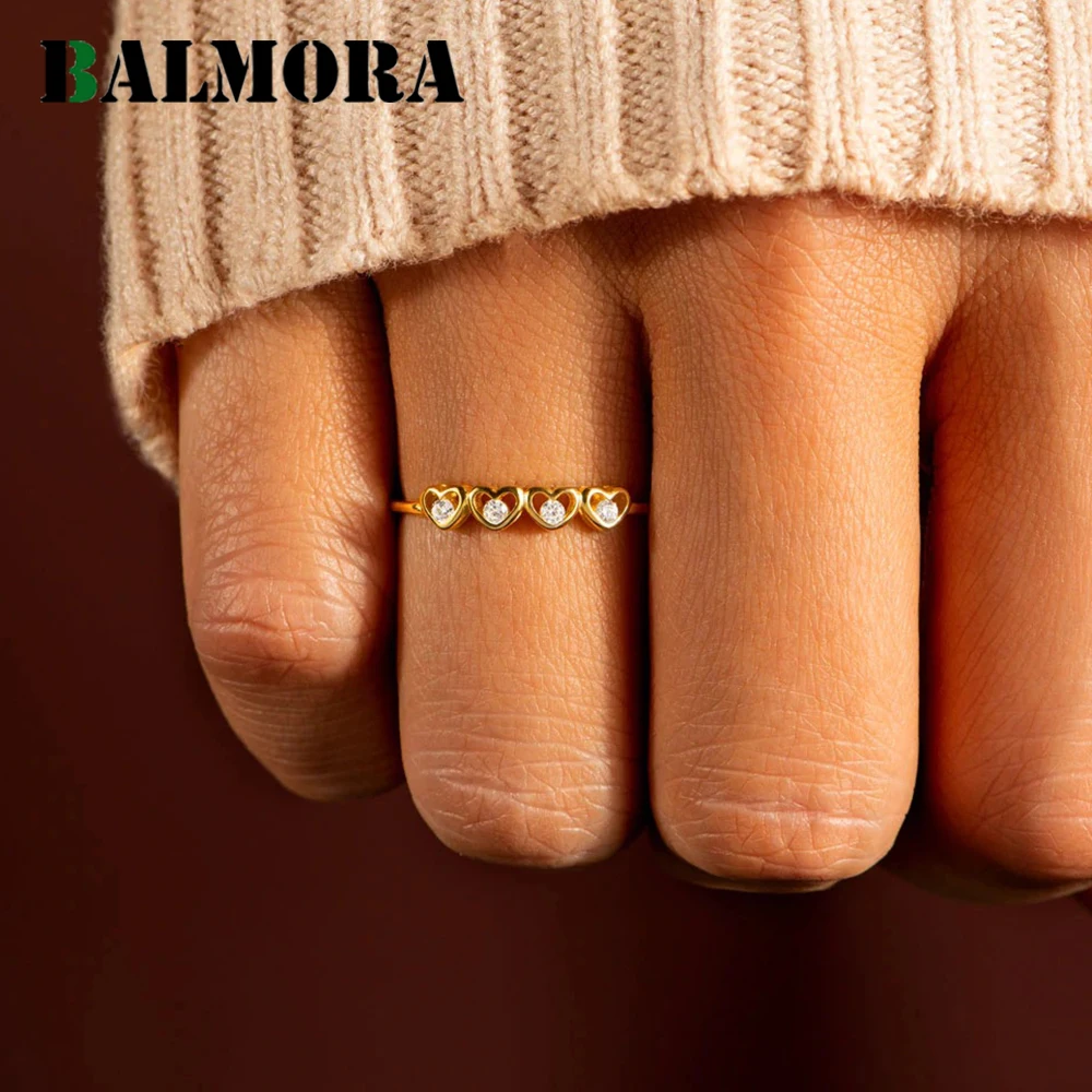 

BALMORA S925 Sterling Silver Hollow Heart Clear CZ Ring For Women Elegant Stacking Plated Gold Dainty Wedding Anillos Jewelry