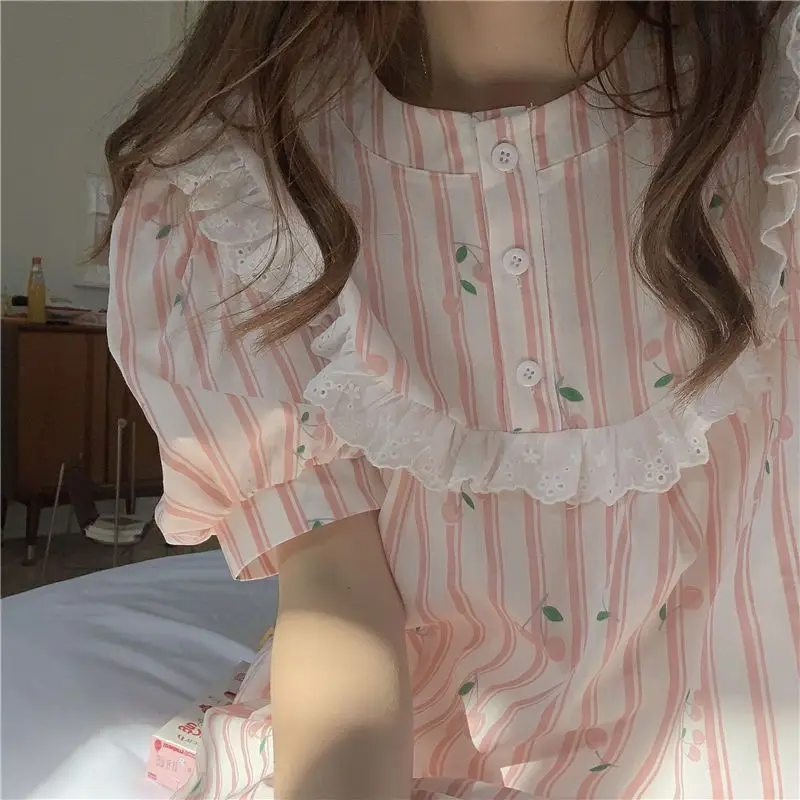Yasuk Spring Summer Women's Casual Girl Print Flower Lovely Pullover Sleepwear Pajamas Set Skirt Nightdress Ruffles Short Sleeve
