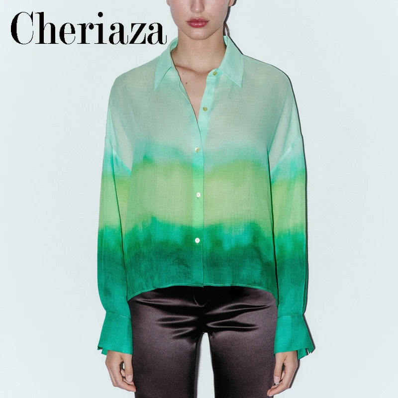 

Cheriaza Summer Woman Tie Dye Shirt Long Sleeves Fashion Gradient Blouse Casual Top Office Lady Single Breasted Blouses Female