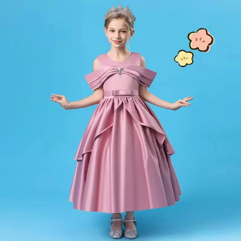 

Satin Bow Flower Girl Dresses Tiered Tea Length A Line Boho Off The Shoulder Performance Toddler Dress