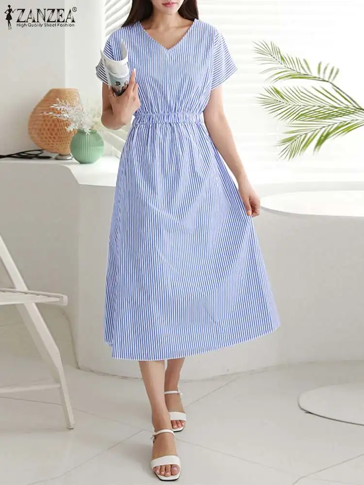 

ZANZEA Summer Stripe Printed Sundress Woman Short Sleeve V-Neck Dress Female Casual A Line Robe Holiday Beach Vestidos Oversize