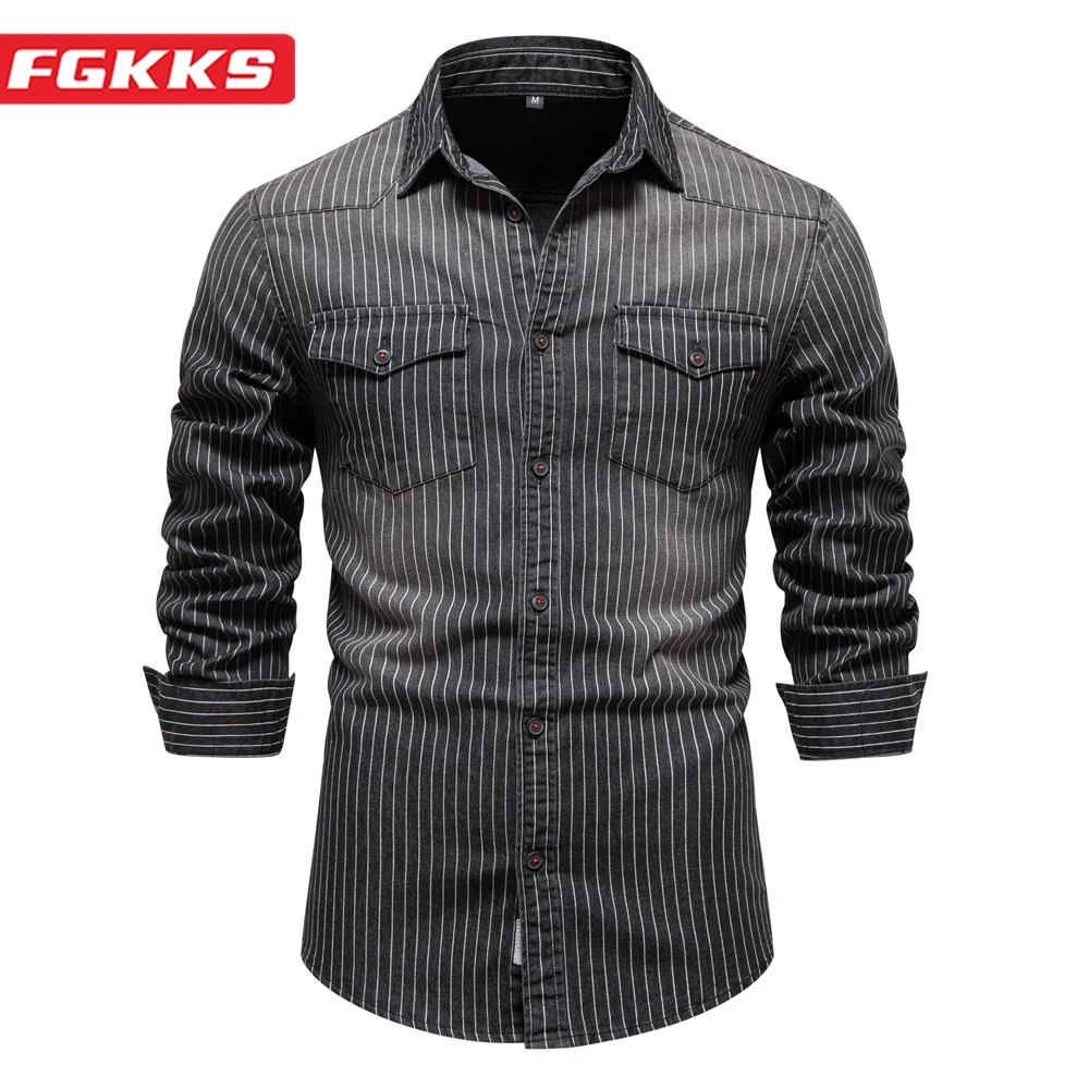 

FGKKS 2023, повседневная мужская рубашка, летняя, новая, дышащая, джинсовая, тонкая, высокое качество, дизайн, хит продаж, мужская рубашка