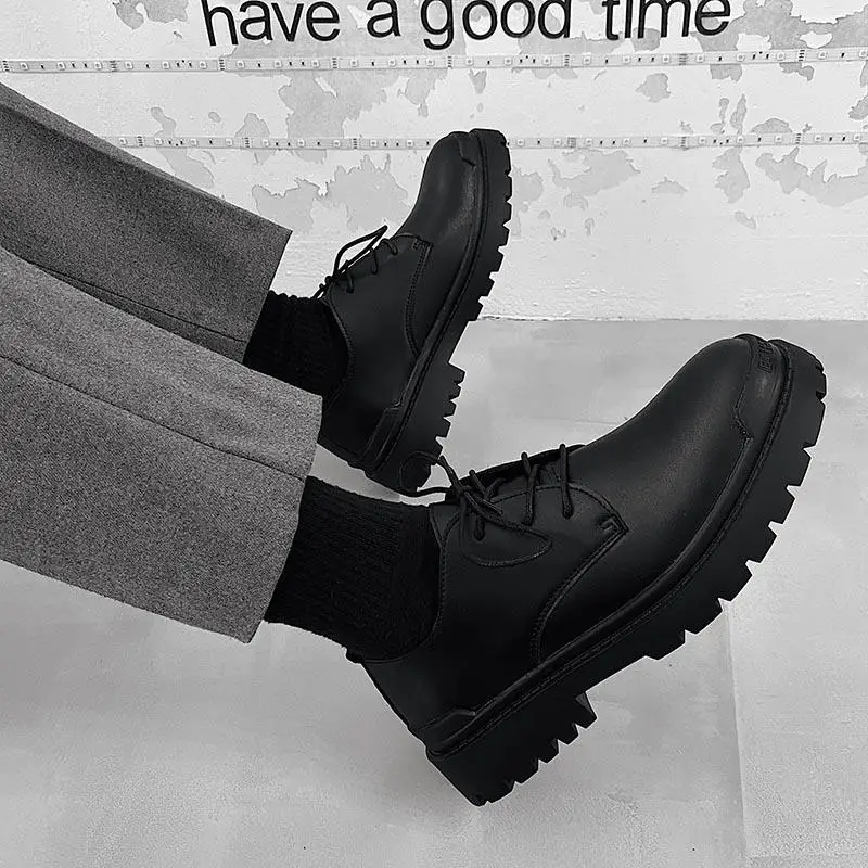 

European Station Men's Shoes Autumn Men's Sports Black Leather Shoes Casual Sneakers Height Increasing Insole All-Matching Argan