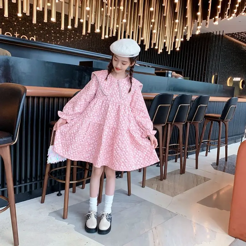 

Girls Floral Dress Spring Autumn Long Sleeve Kids Clothes Girl Princess Dresses Children Clothing Peter Pan Collar Dress