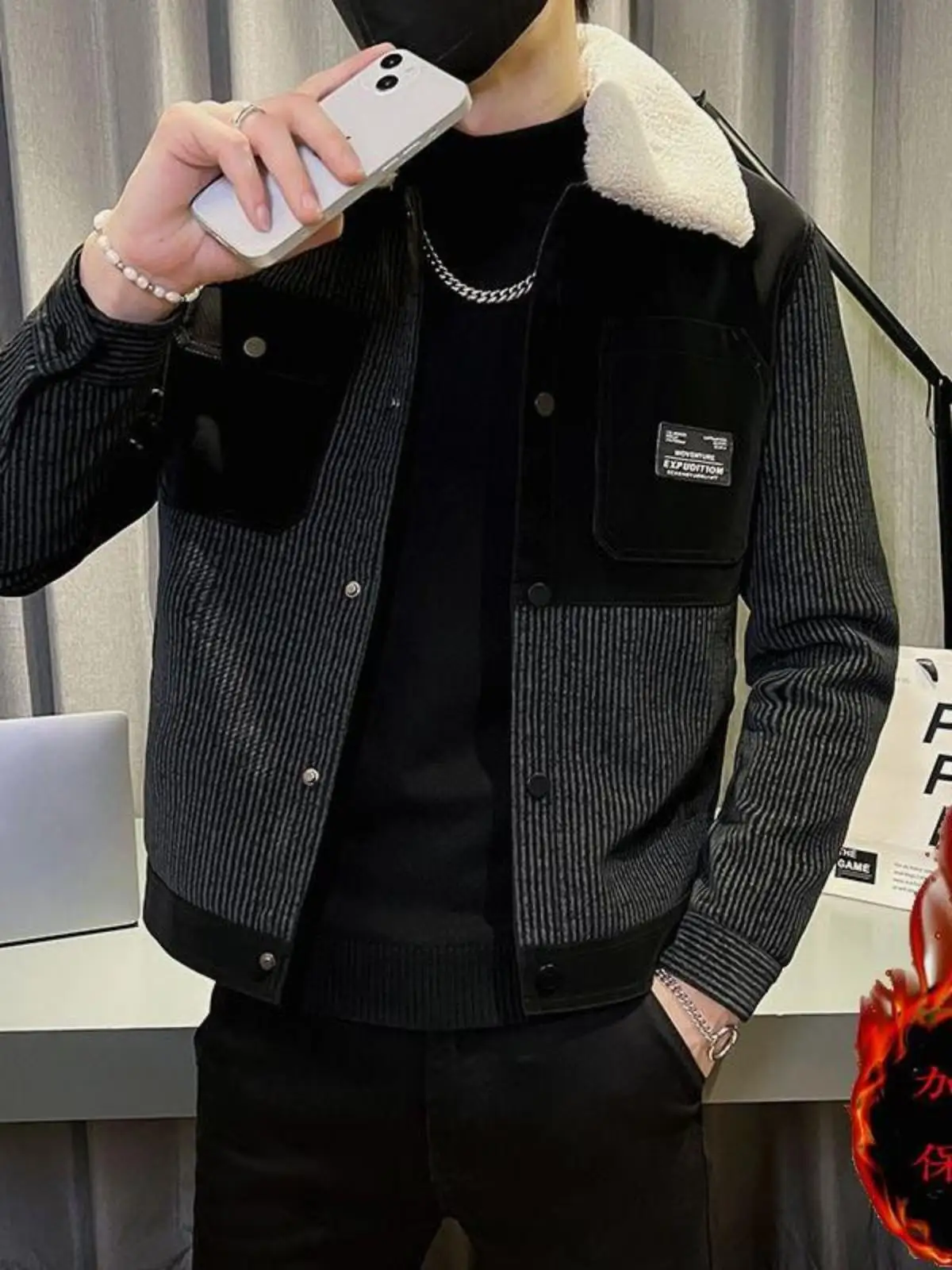 Winter Thickened Fleece-lined Leather jacket Men's Lapel Detachable Fur Collar Stripe Casual Patchwork Pu Shuai Motorcycle Cl...