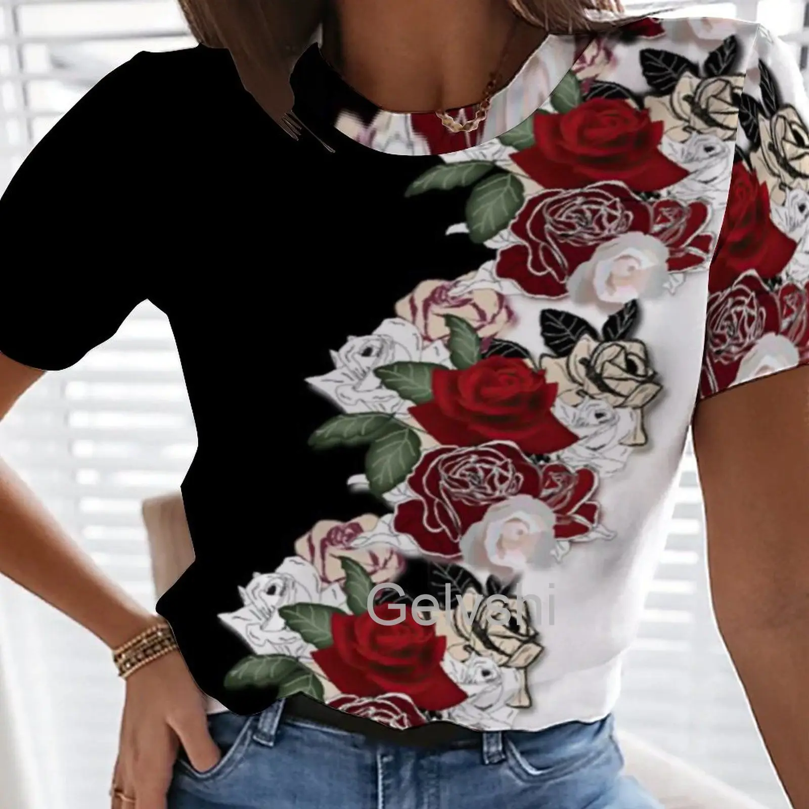 

Red Rose Print Black and White ladies T Shirt Summer New Fashion Short-sleeved Oversized Round Neck Top Casual Harajuku T-shirts