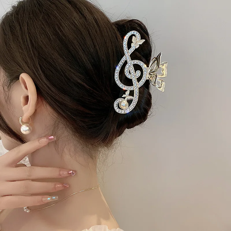 

New Women Elegant Music Note Shape Hair Clips Luxury Rhinestone Decor Ponytail Claw Clips for Girl Women Heawear accessory