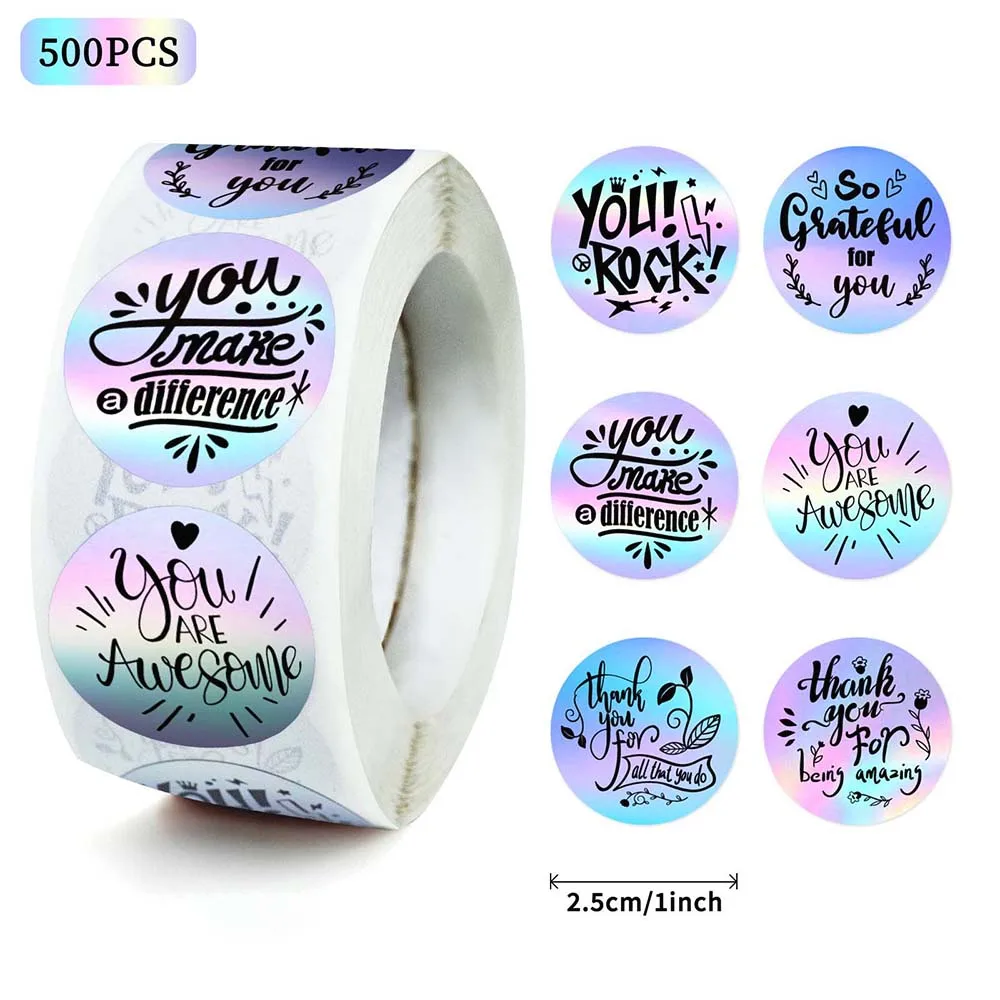 

500Pcs/Roll Cartoon Thank You Laser Label Stickers DIY Waterproof Helmet Car Taptop Guitar Notebook Pencil Case Graffiti Decals