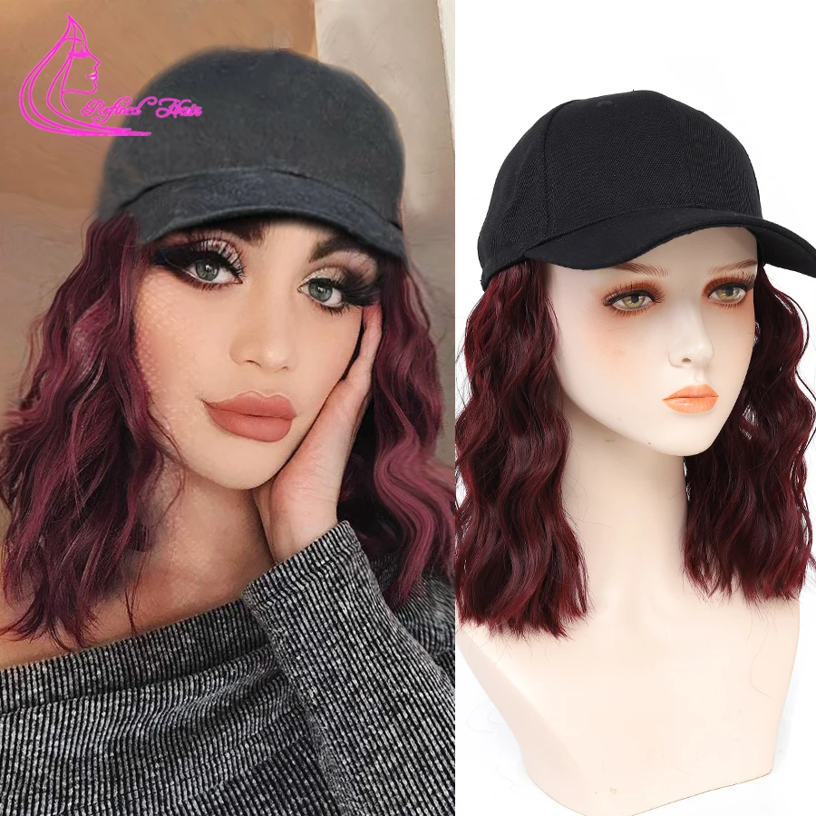 Synthetic Wavy Wig Baseball Cap With Burgundy Hair Black White Hat Wigs for Women Girls Mix Or Ombre Black Brown Blonde color