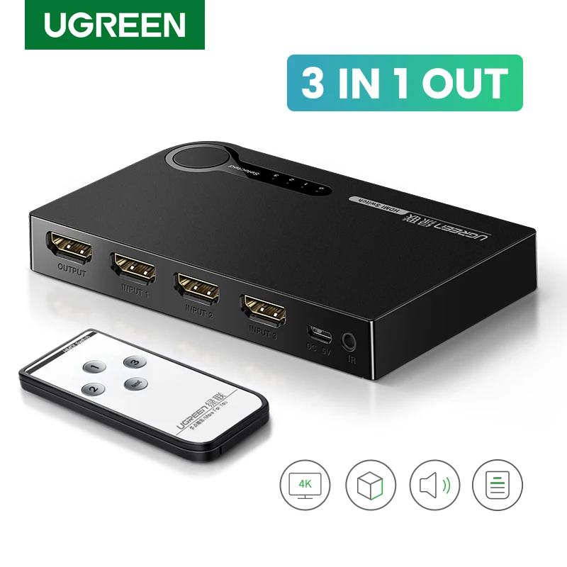 

UGREEN HDMI переключатель 3 в 1 выход 4K HDMI коммутатор разветвитель 4K 30 Гц с удаленным HDMI 3 портами Box Hub Sup Port s HDR CEC 3D HDCP1.4
