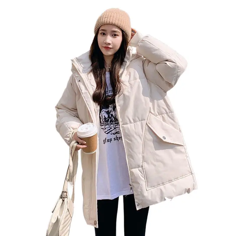 

Winter New Style Women's Stand Collar Hooded Down Jackets Cotton-padded Big Pockets Loose Fit Versatile Korean Style Overcoat