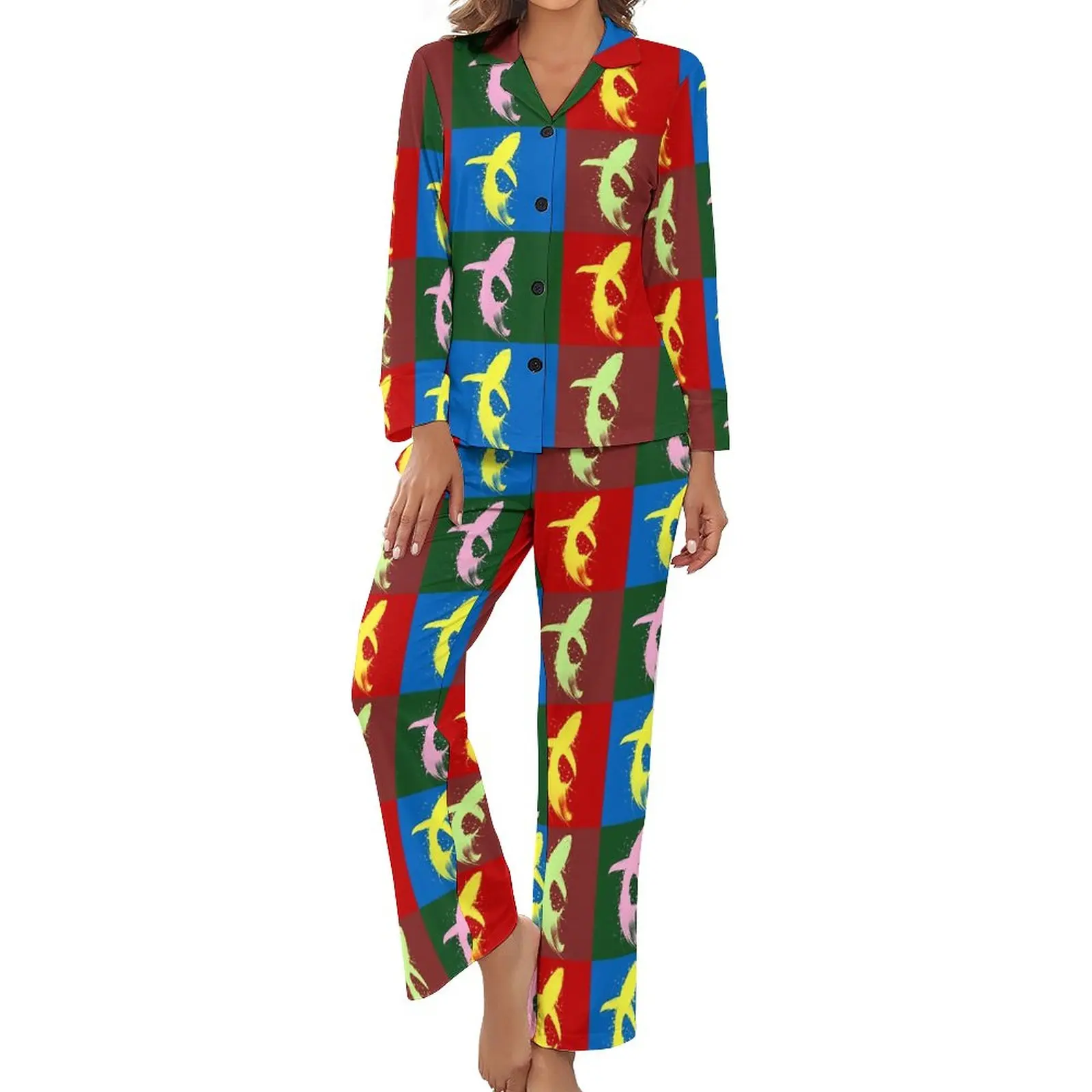 

Акварельные пижамы в виде акулы, женская одежда для сна с V-образным вырезом в спальне, 2 предмета, оригинальный комплект детской одежды с длинным рукавом