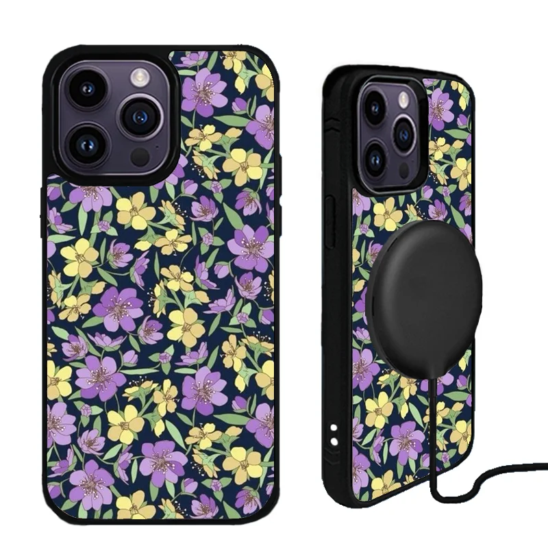 Фото Чехол для телефона Magsafe Full Bloom Navy с цветочным принтом для iPhone 16, 16e, 16 pro, 16 pro max 16 plus №1