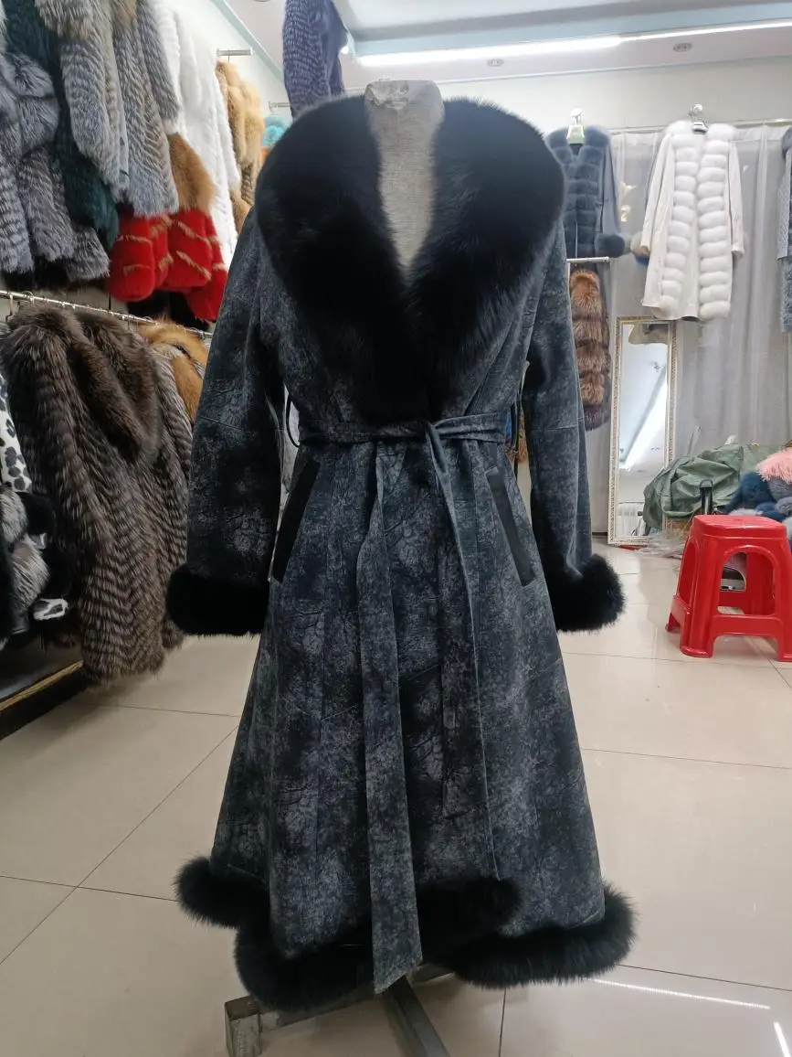 FURTJY Plus Size New Genuine Rabbit Fur Coat Women Winter Real Fox Fur Collar Long Coats Female Genuine Fur And Leather Outwear