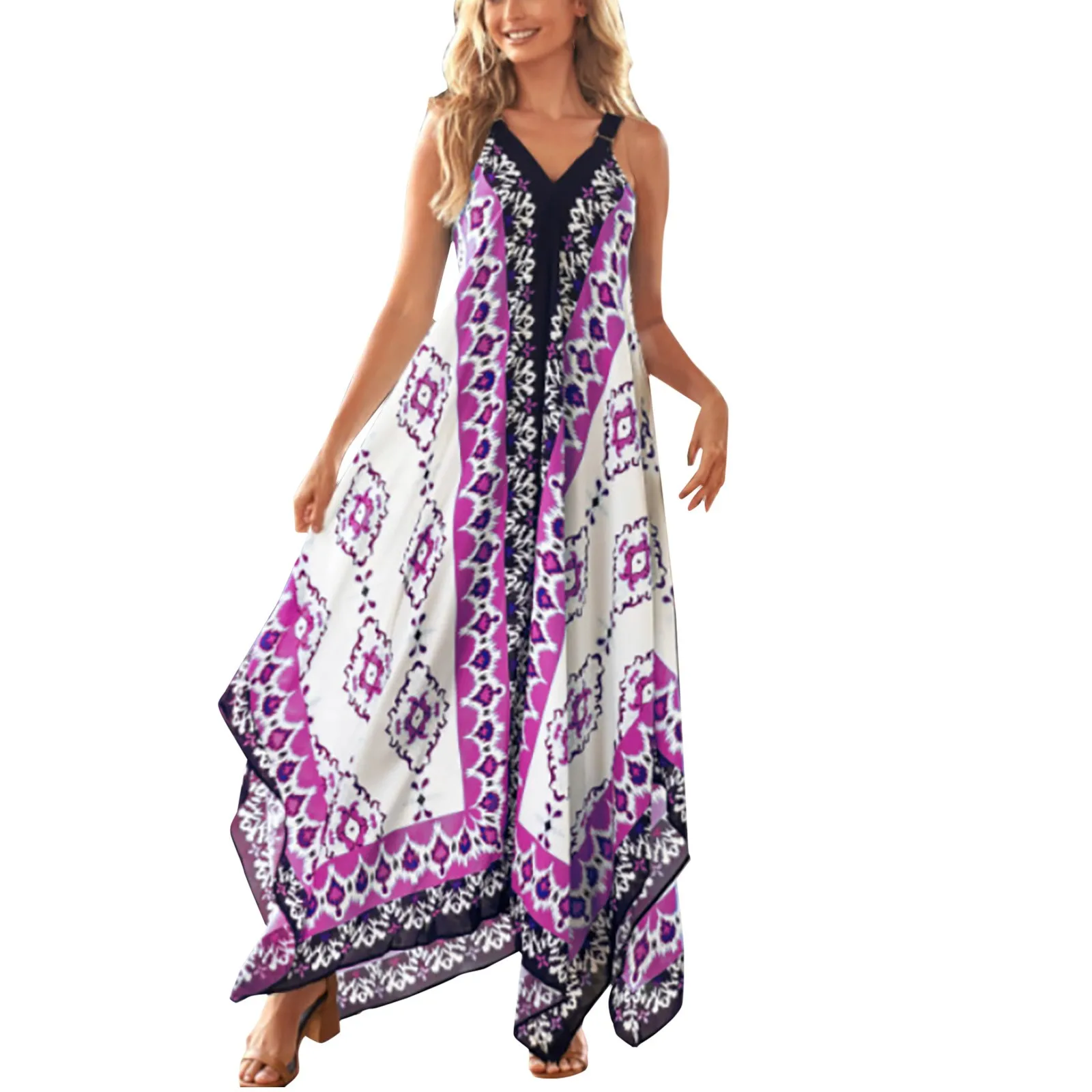

Women's Summer Casual Sleeveless Wide Shoulder Strap With Geometric Printed Irregular Hem And Ankle Casual Dress for Women Style