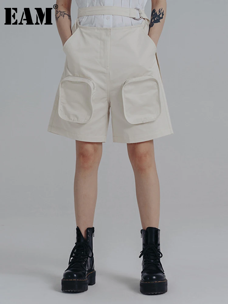 

[EAM] High Elastic Waist Pocket Casual Knee Length Trousers New Loose Fit Pants Women Fashion Tide Spring Summer 2022 1DE8421