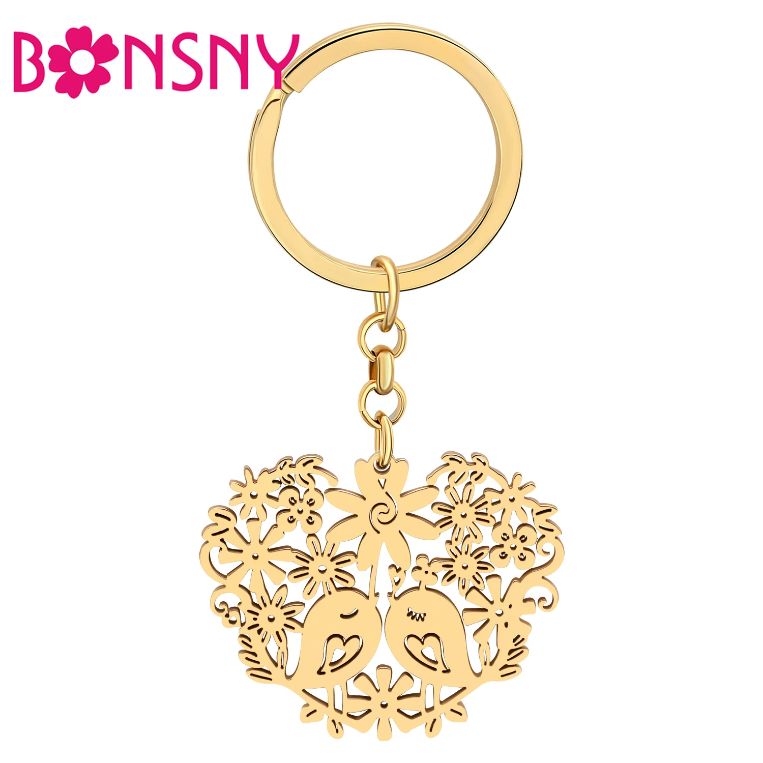 

Bonsny Stainless Steel Gold-plated Flowers Heart Love Birds Key Chains Couple Car Bag Charms Keychains Keyring For Women Gifts