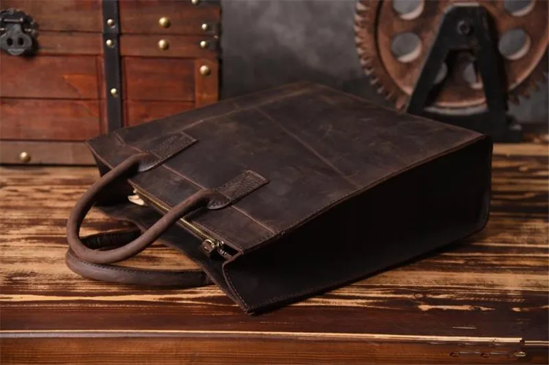 Fashion vintage genuine leather men women's briefcase simple business crazy horse cowhide work file handbag laptop shoulder bag