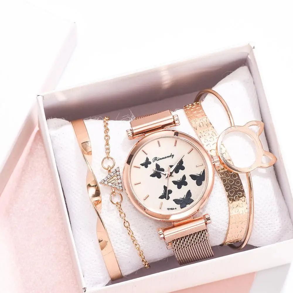 

5PCS Watch With Bracelet Luxury Women's Wristwatch Fashion Bangle Ladies Dress Wrist Watch Elegante Clock Gift Relogio