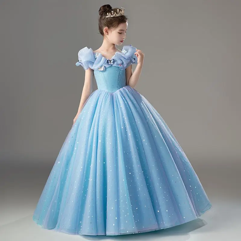 

Kid Girls Party Blue Dress Sleeveless Long Mesh Tutu Princess Dress Wedding Perform Birthday Dress