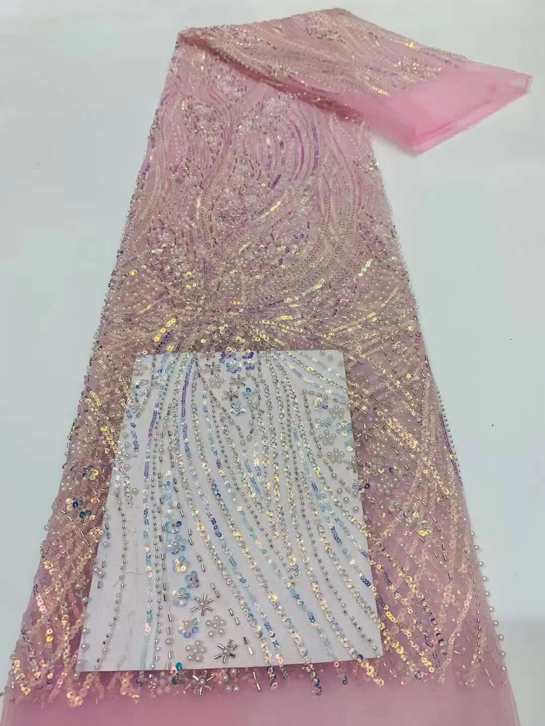 

Hot sale sequins lace fabric beaded french net mesh lace fabric with embroidery