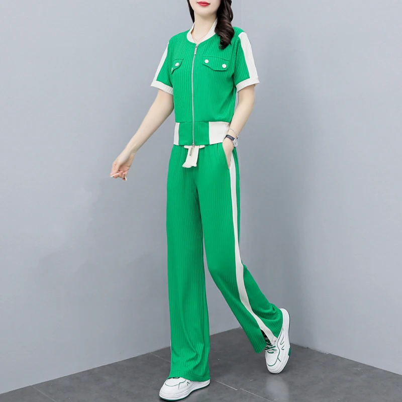 

Casual Sprot Set Pant Suit Women Tracksuits Harajuku Short Sleeve Zipper Crop Top + Drawstring Elastic Waist Wide Leg Pants Set