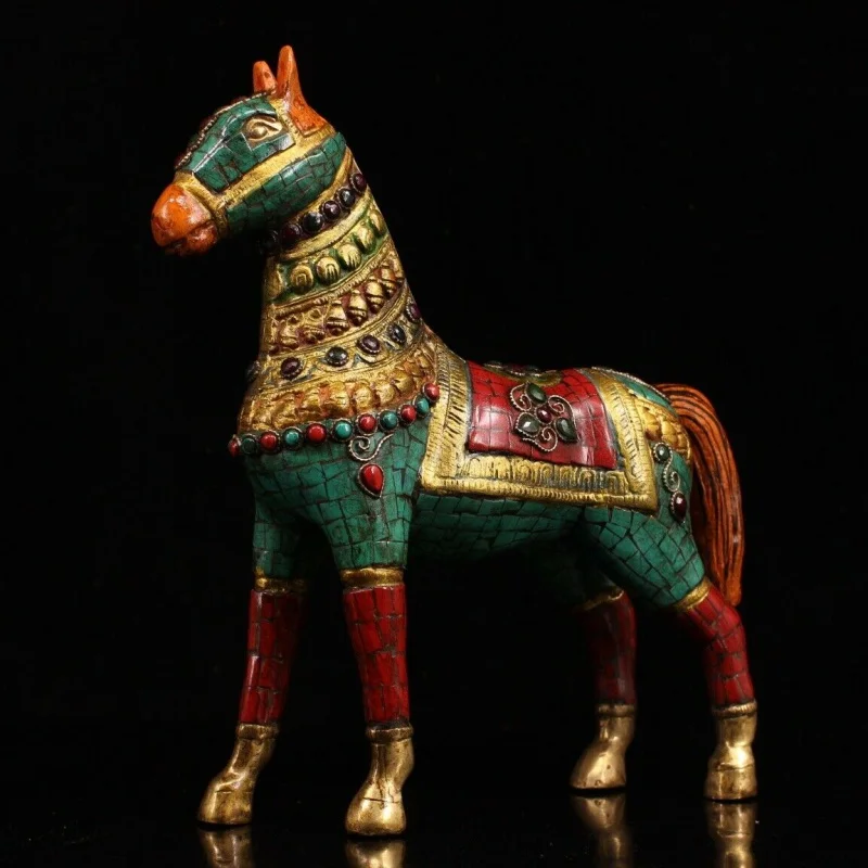 

10.6" Chinese Bronze Inlaid Gem Color Decorative Gilded Silver 12 Chinese Zodiac Horse Statue
