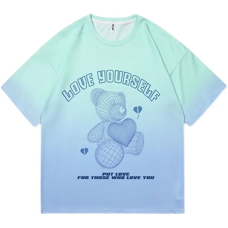 

100% хлопок градиентные 3D сетчатые креативные футболки с любовным медведем модная уличная одежда для мужчин и женщин свободные летние топы большого размера 2XL