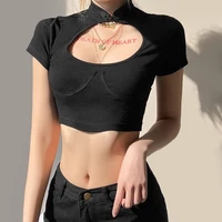 2021 spring and summer womens solid color stitching training sexy hollow navel exposed t shirt women fashion trend new products