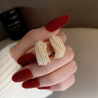 new light luxury high end full faced pearl earrings female 925 silver needle short c shaped temperament earrings earrings