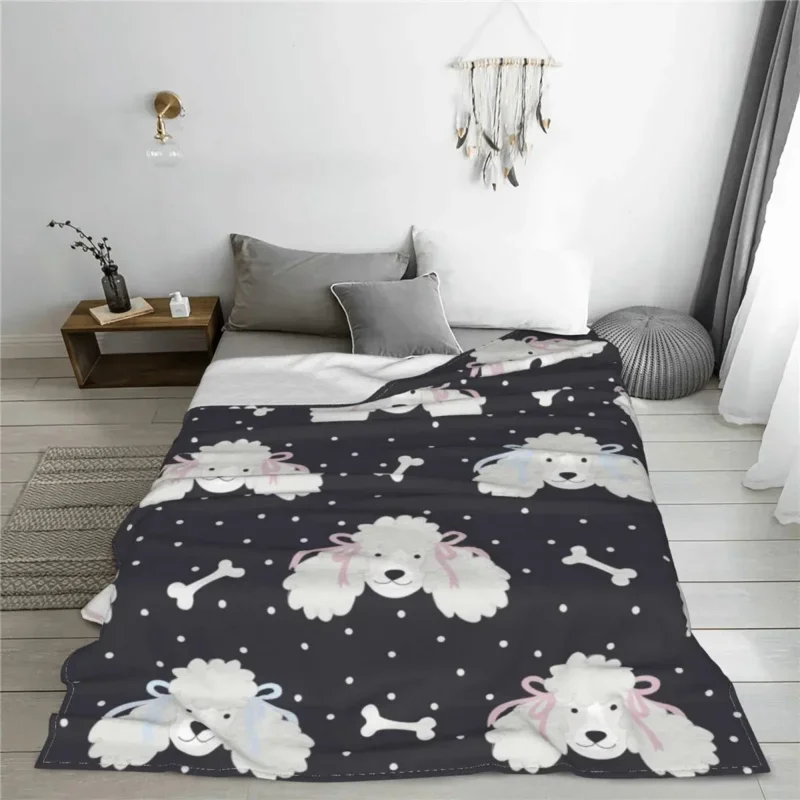 

Cute Poodle With Bones And Polka Dots Fleece Spring Autumn Multifunction Throw Blankets For Sofa Car Rug Piece