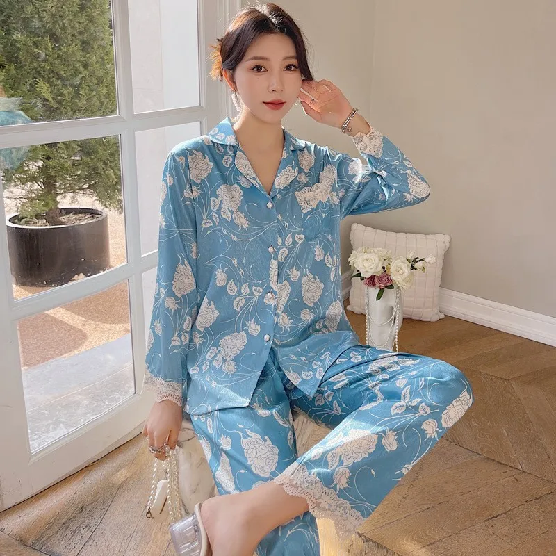 2023 Spring and Autumn New Ice Silk Pajamas Women's Long-Sleeved Trousers Lace Printing Suit Can Be Outerwear Homewear