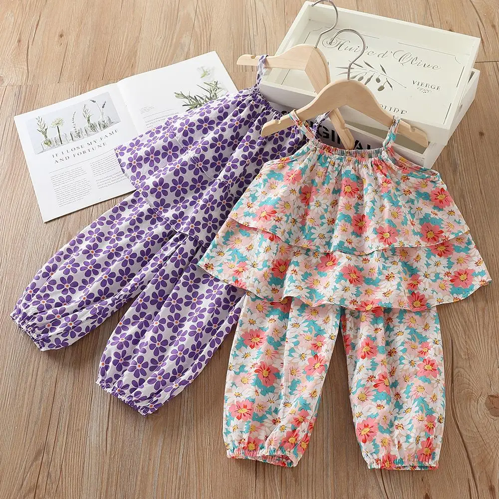 

2022 Summer New 2 3-4 6 8 10Years Children Sleeveless Vest +Trousers 2 Pcs Suit Baby Kids Girls Floral Strapless Clothing Set
