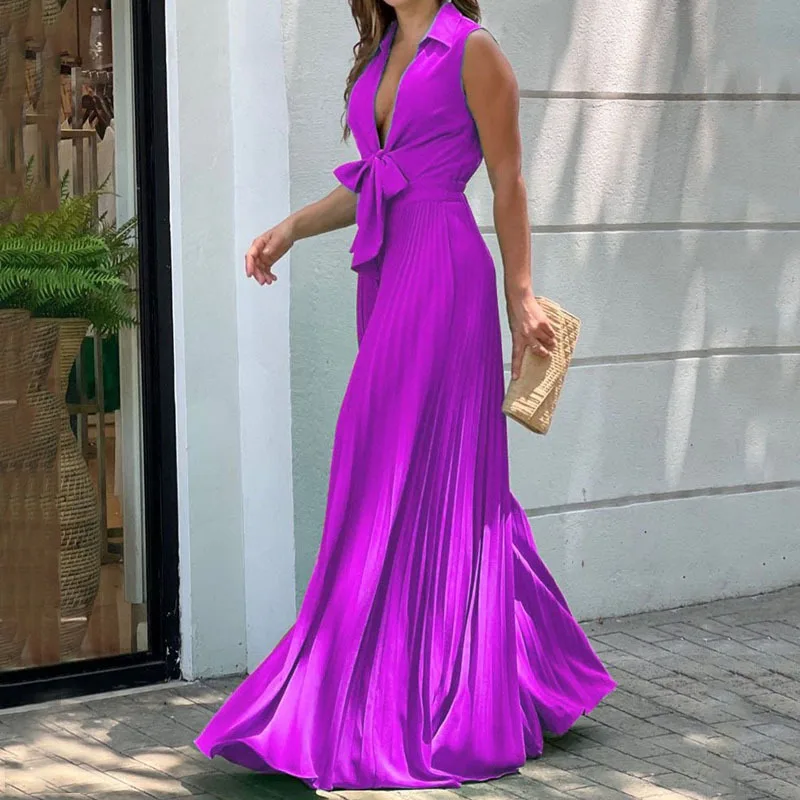 

Women's 2022 New V-Neck Sleeveless Lapel Solid Color Loose Wide Leg Jumpsuit