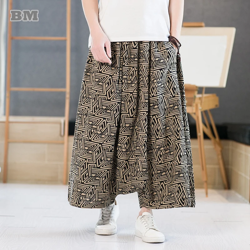 

Chinese Traditional Dress Plus Size Culottes Print Baggy Pants Ethnic Style Spring Summer Oversized Cropped Pants Men Clothing
