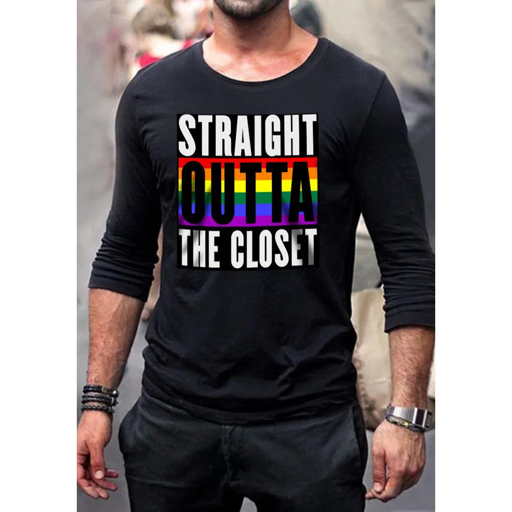 

Badassdude Rainbow Stripe Letter Printing Men's Casual Long Sleeved Shirt