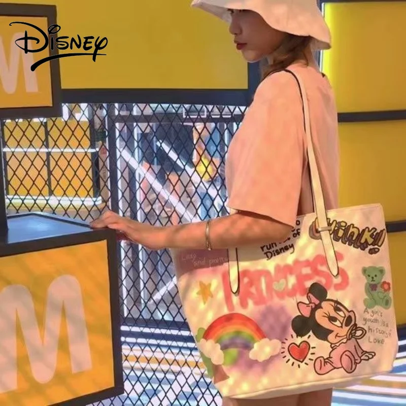 Disney Mickey Mouse Crossbody Bag Girl's Graffiti Cartoon Campus Leisure Large Capacity Leather One Shoulder Tote Bag