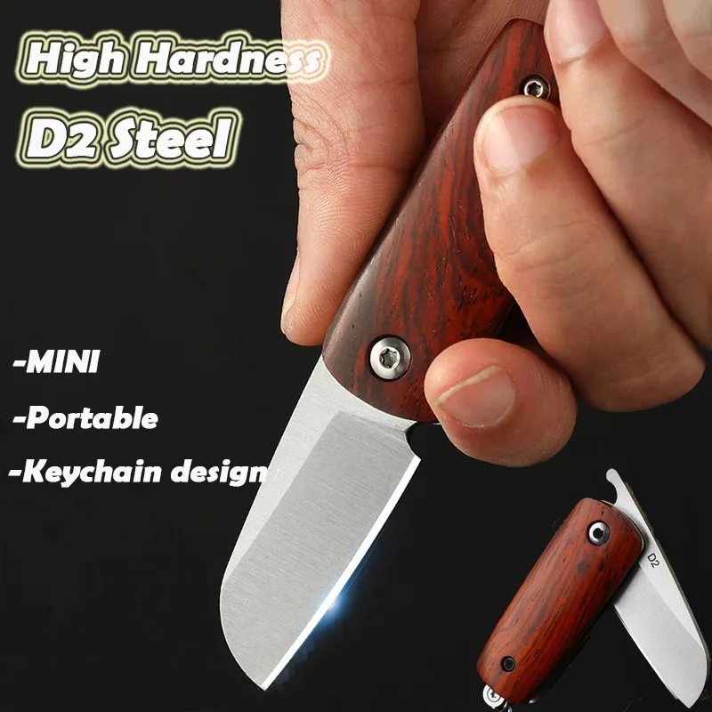 

High Hardness D2 Blade Folding Knife Sandalwood MINI Fruit Knife EDC Express Pocket Knife Gift Outdoor Tool KeyPendant Cutter