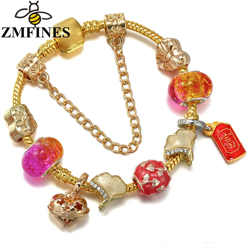 

Original Charm Bracelet For Women With Gold Color Snake Chain Ginkgo Leaf DIY Charms Beads Pendants High-Quality Jewelry